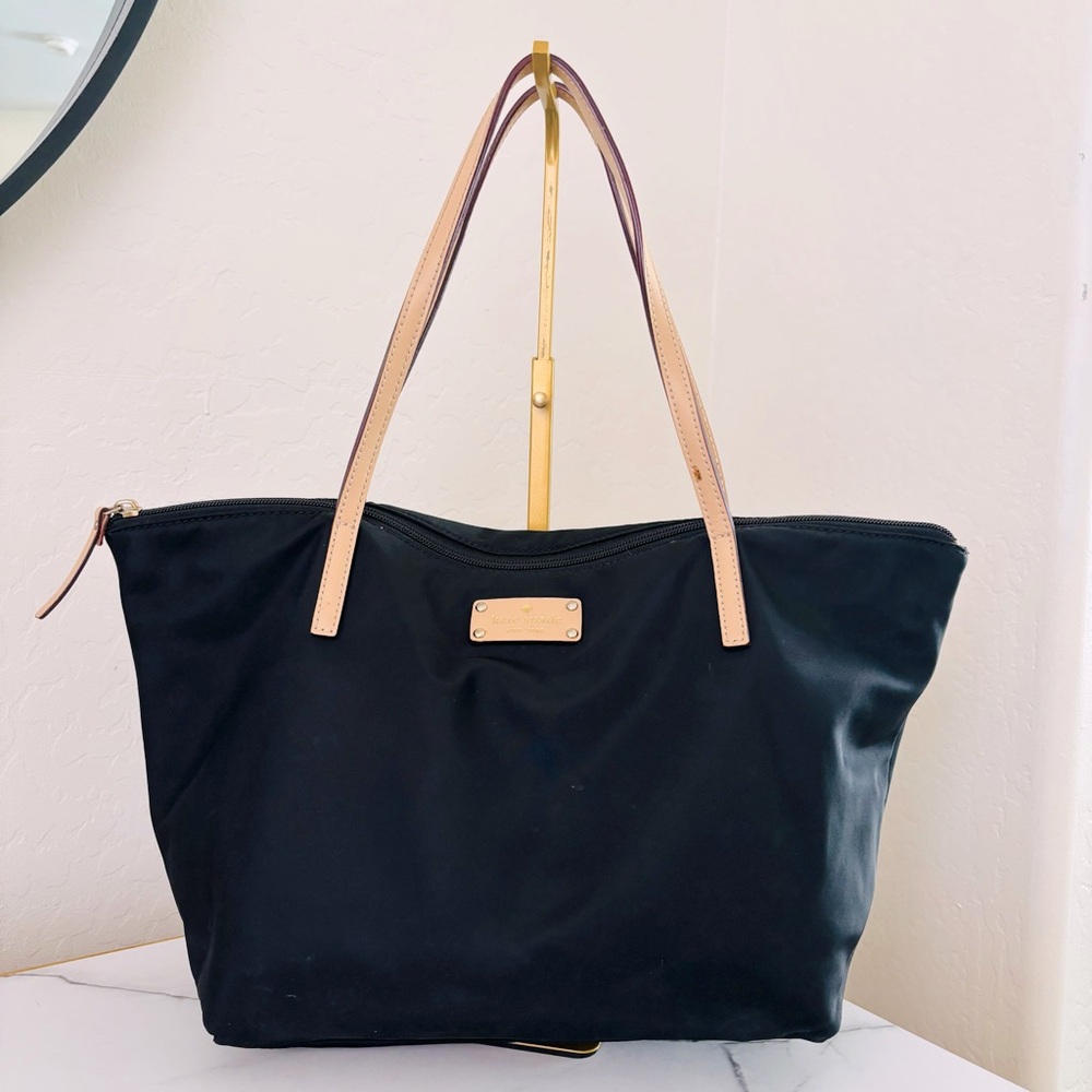 Kate Spade New York Leather-Trimmed Nylon Tote Black Tan Jacquard Women’s Bag